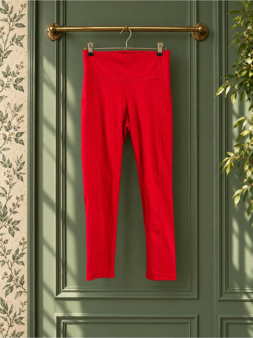 Savvi Red High-Rise Full-Length Leggings with Side Pockets, Women’s S